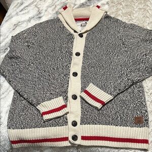 Roots Canada Cabin sock monkey Marled Knit Button-Up Cardigan with Red Stripe M